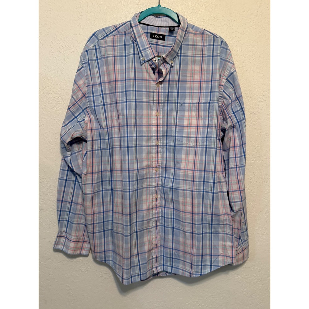 IZOD Mens XXL Long Sleeve‎ Plaid Button Down Shirt Blue Pink White Casual
